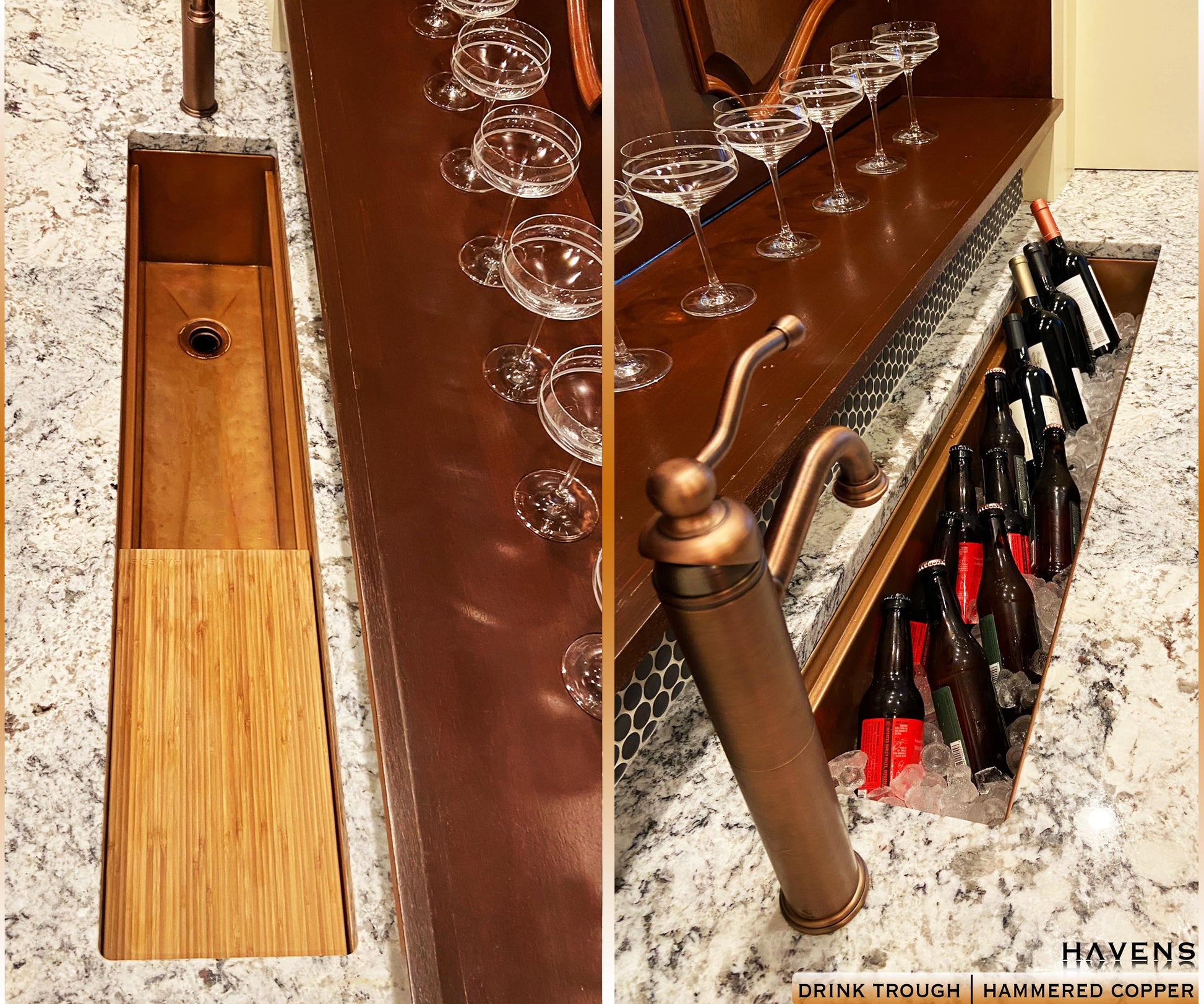 Copper Beverage Trough under-mount installed used to chill drinks