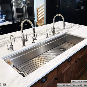 Luxury Stainless Steel Basin Grate with dual tier workstation sink by in Prestige Stainless with two faucets 