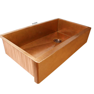 Single bowl 33 inch farmhouse copper kitchen sink installs as an undermount.