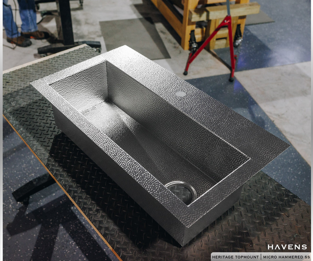 Long single bowl micro stainless steel sink in a USA fabrication shop