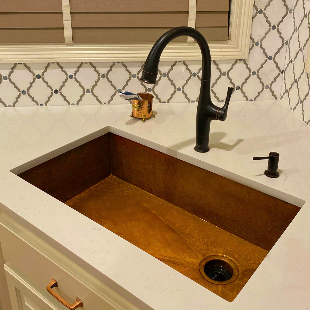 Heritage Undermount Sink - Pure Copper - Havens Luxury Metals - Copper undermount sink with black faucet 