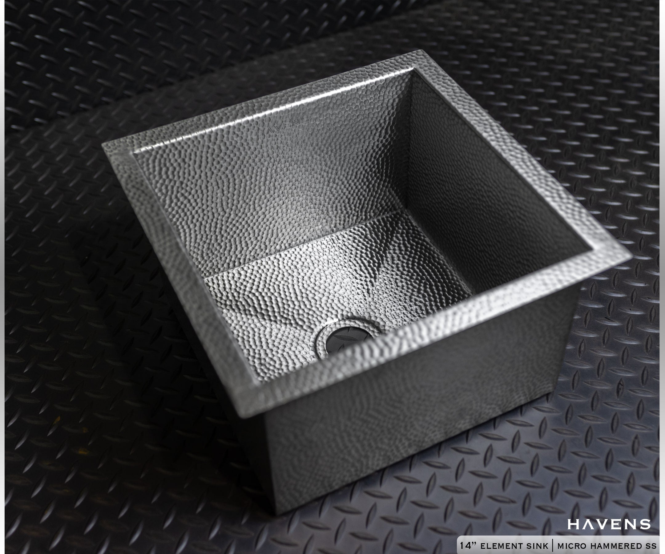Square micro hammered stainless steel prep sink, top view