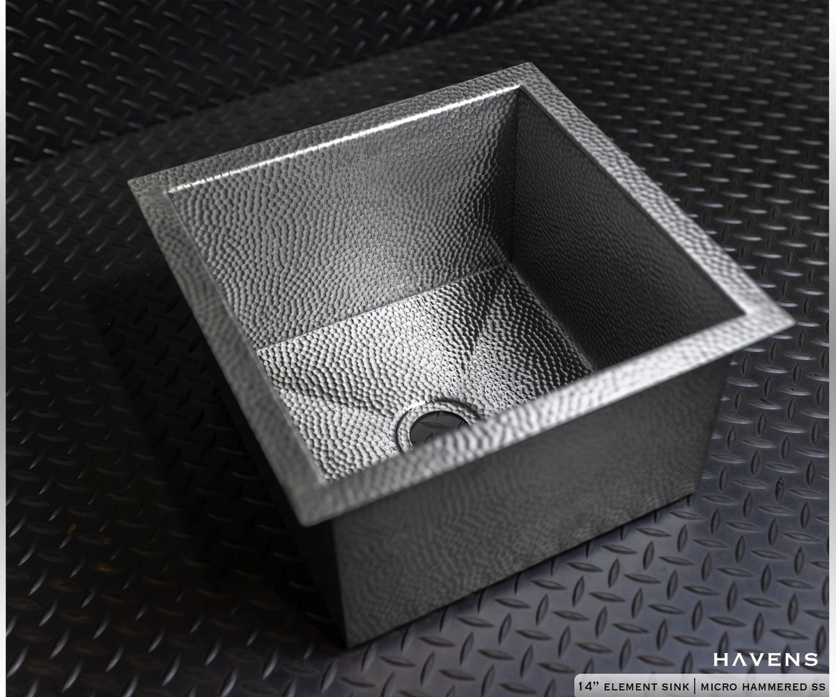 Square micro hammered stainless steel prep sink, top view