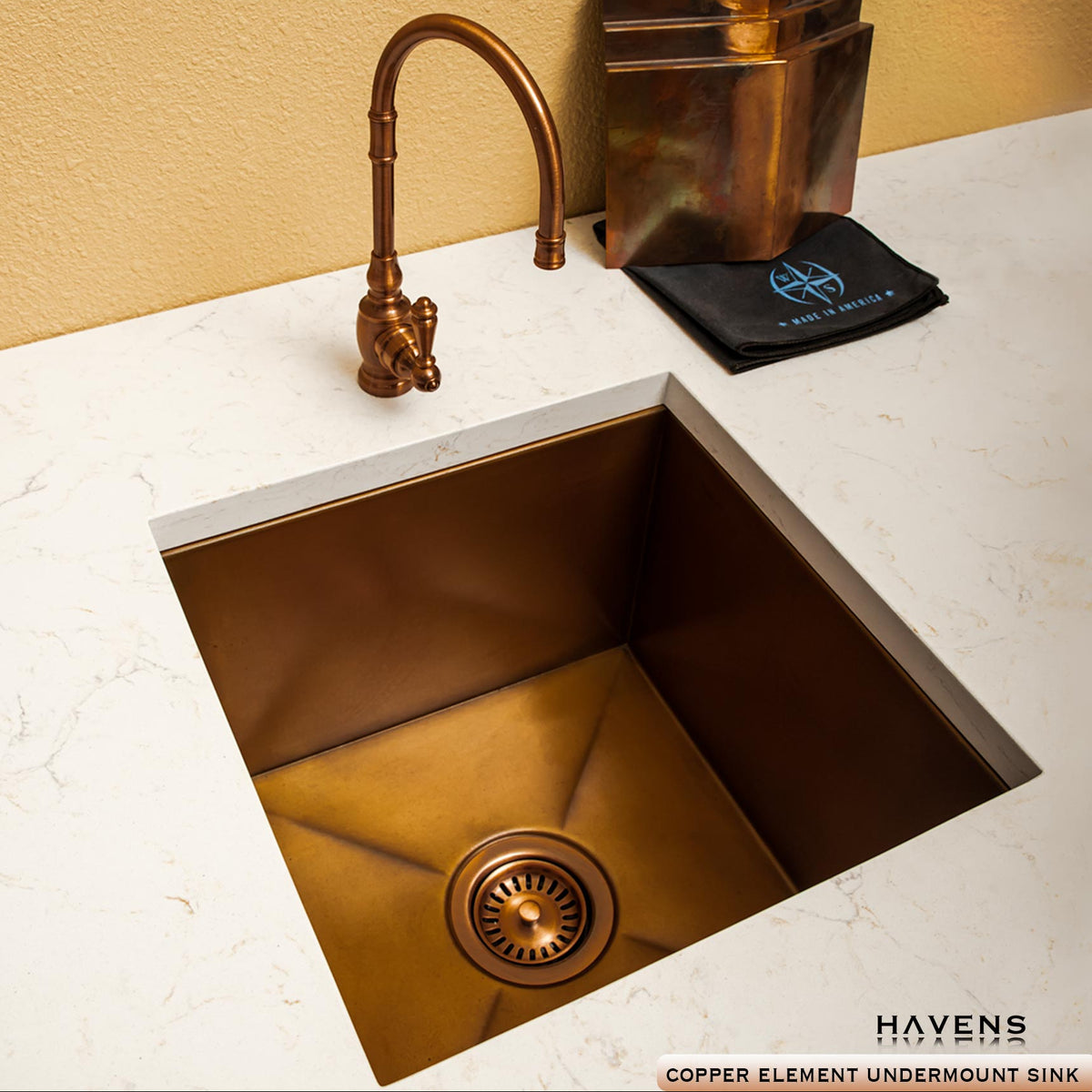 Compact pure copper undermount sink with copper faucet in white countertop