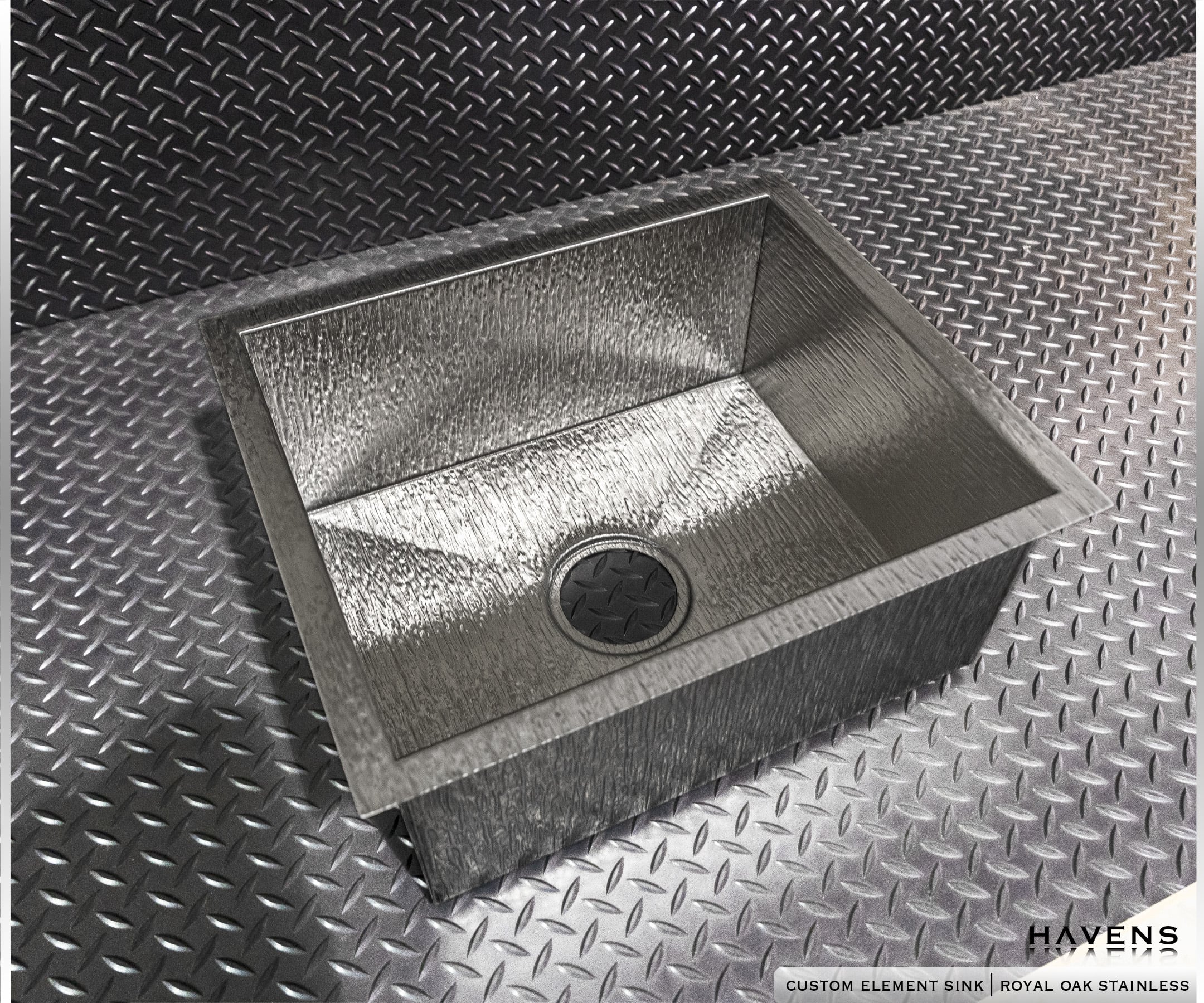 royal oak stainless steel undermount sink, angled view of textured basin