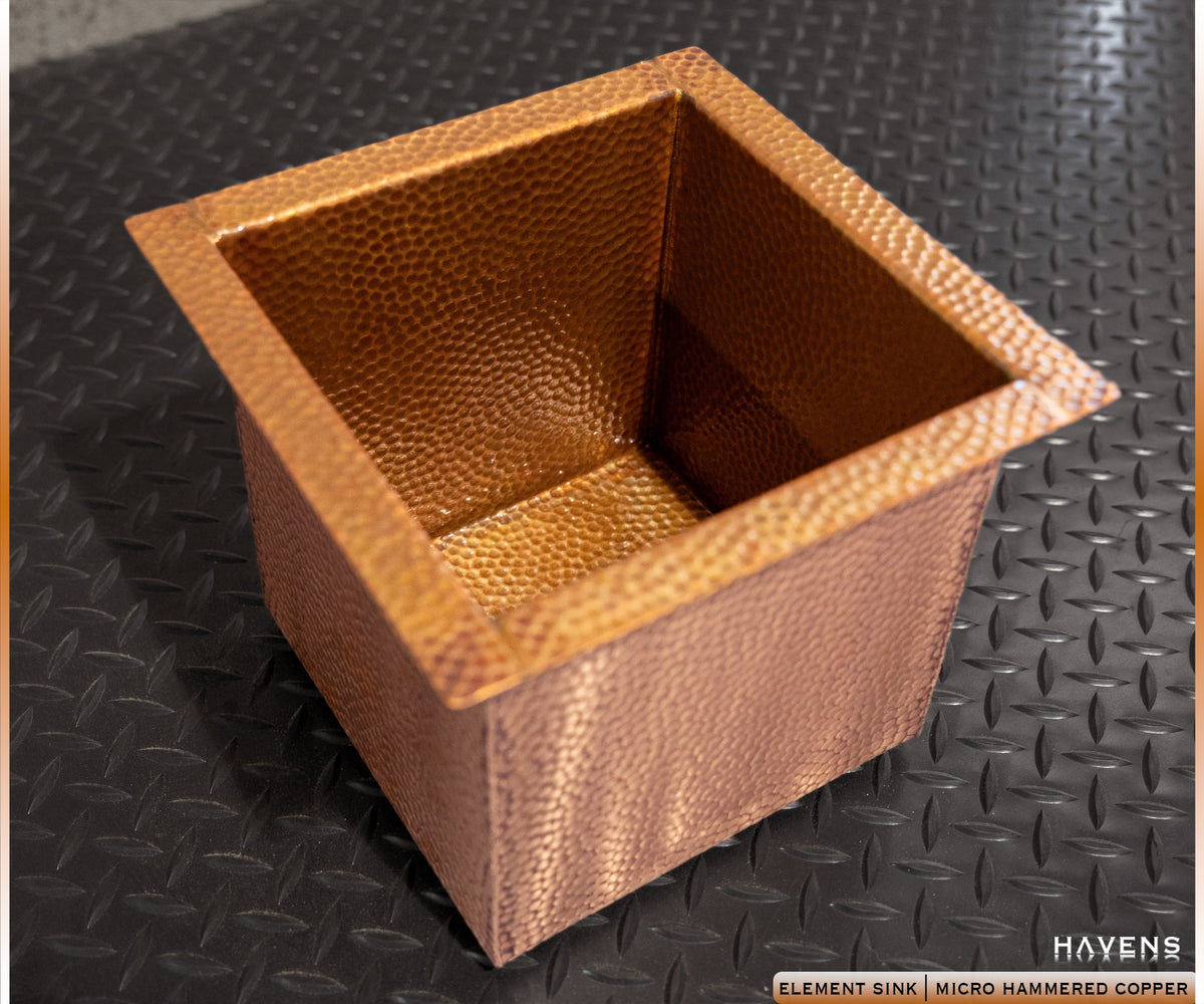 Square pure copper undermount sink, angled view, USA made