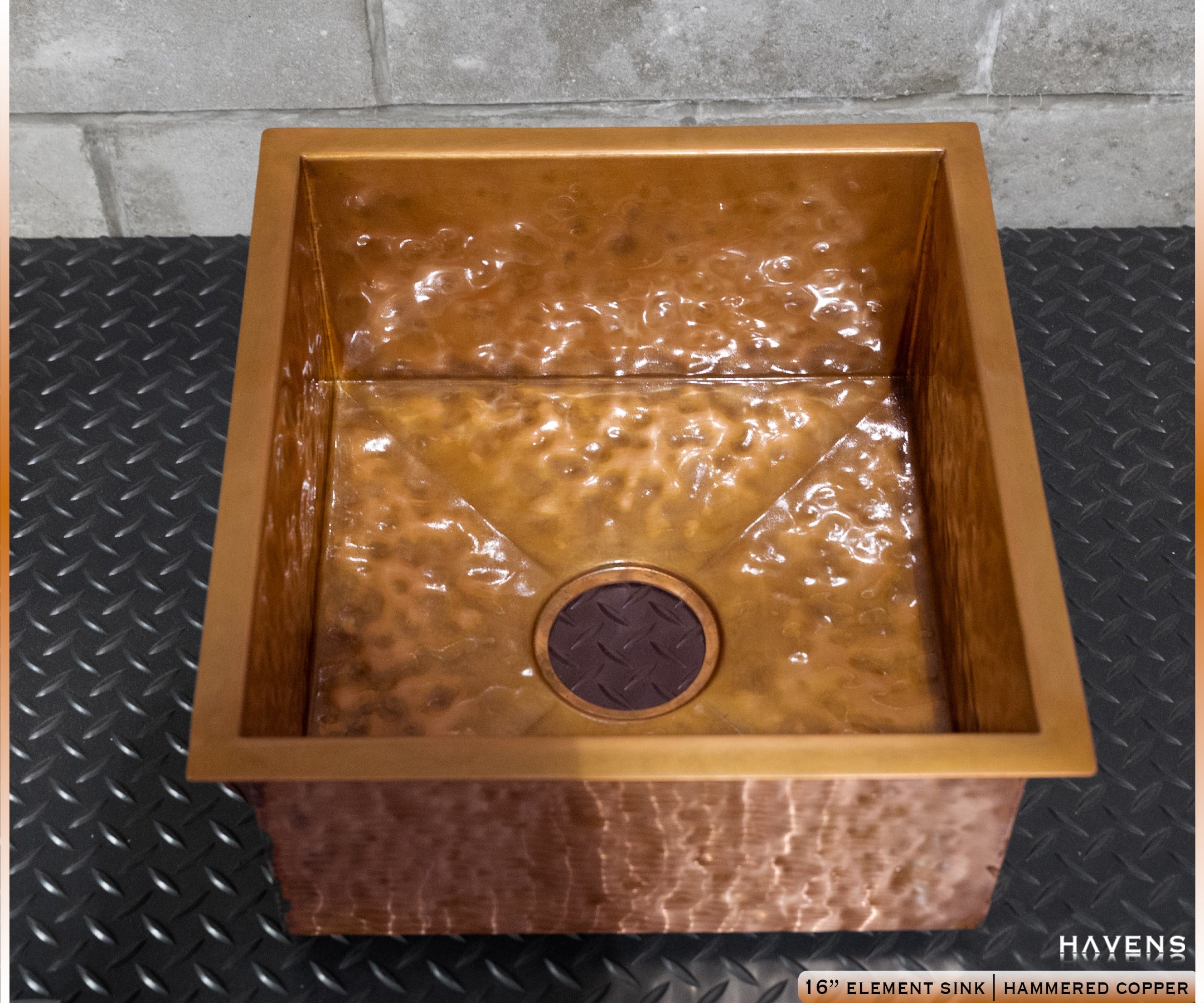 Deeply hand-hammered copper square sink with textured basin, made in usa