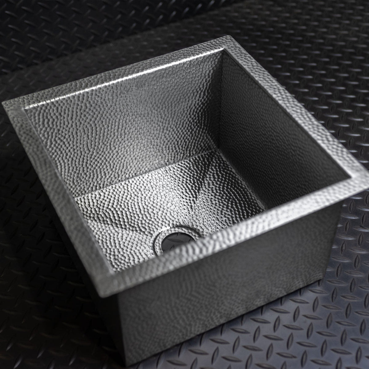 micro hammered stainless steel square sink, top view of basin and drain