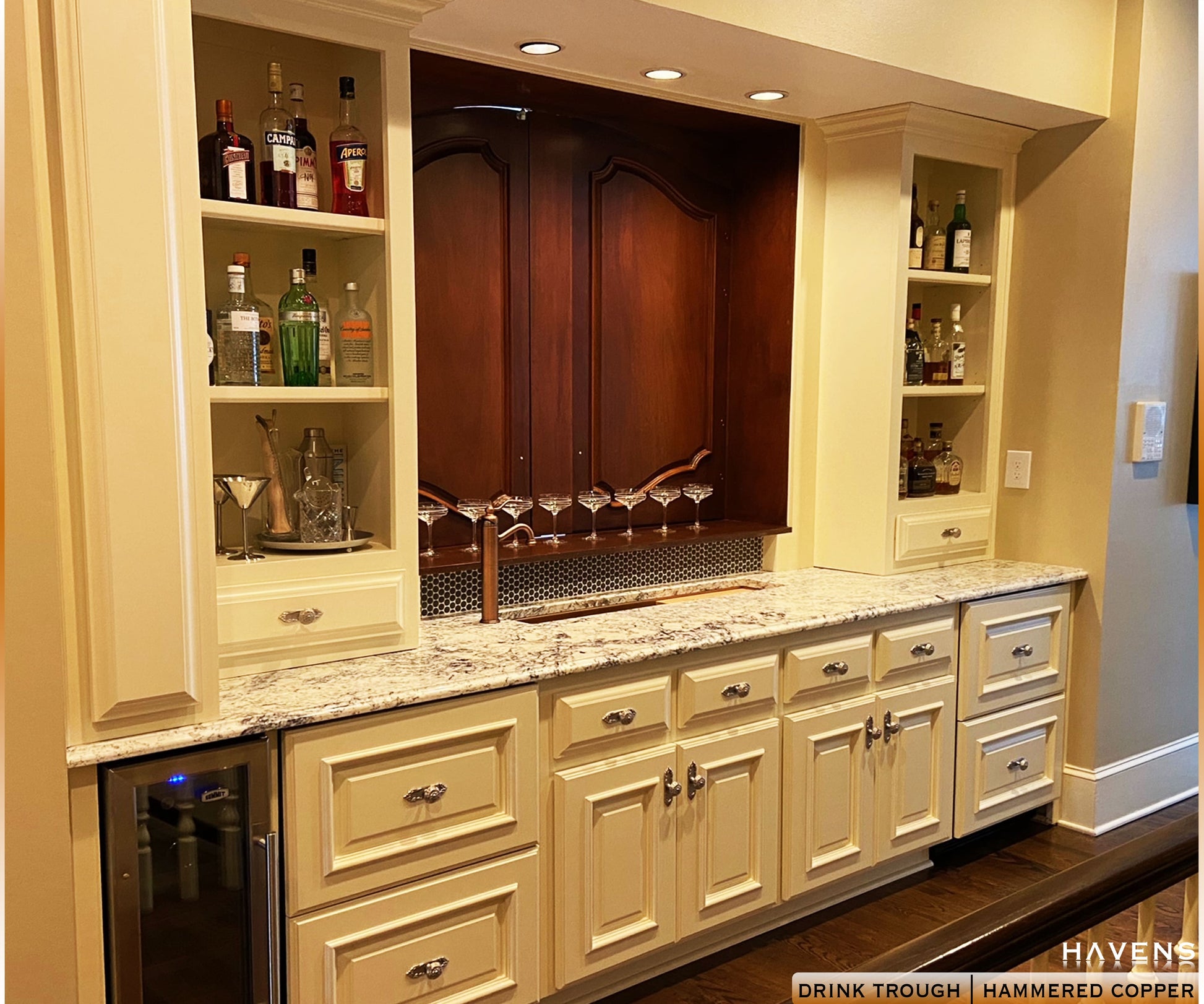 Copper Beverage Trough in luxury bar with under-mount installation