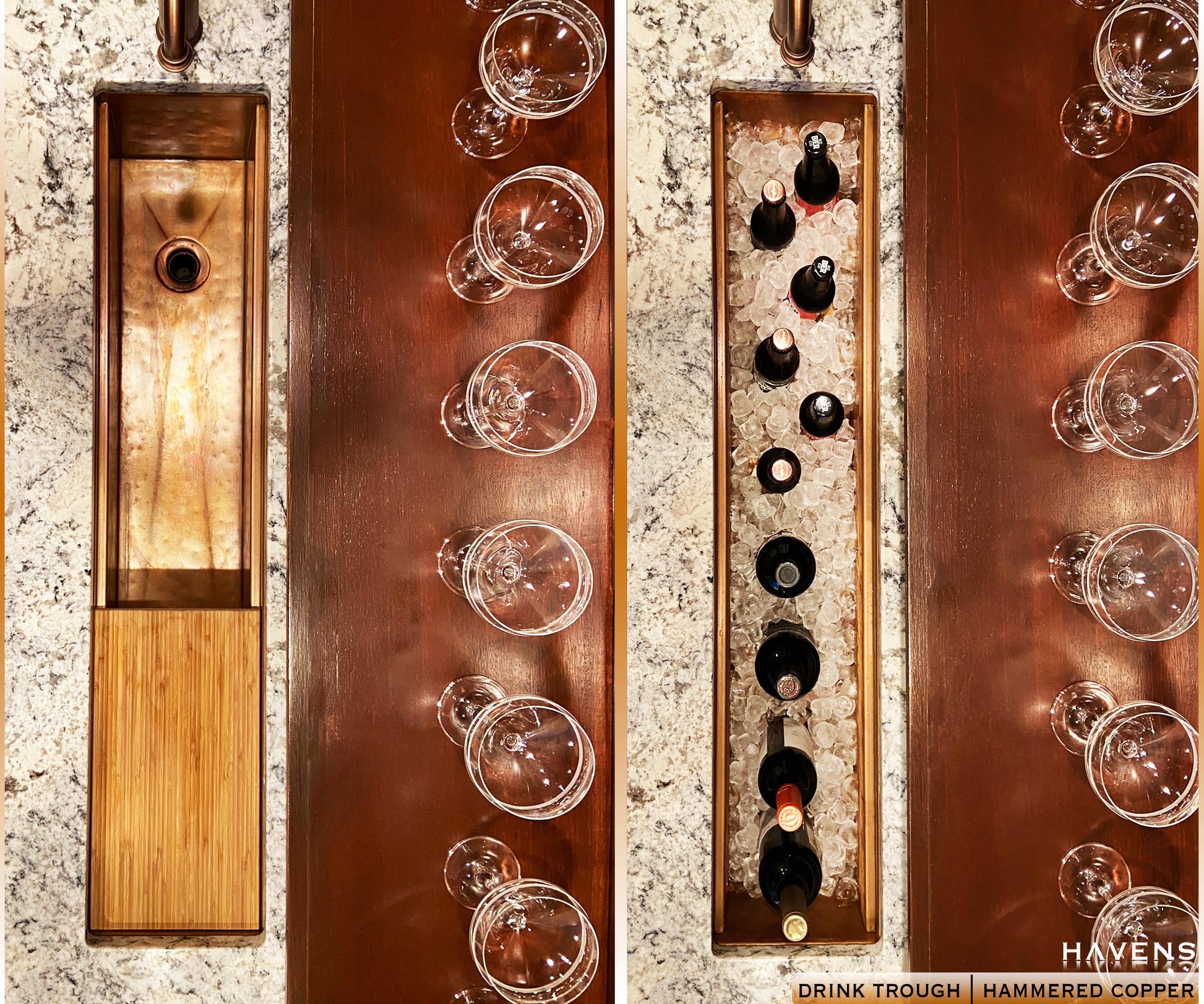 Custom Copper Beverage Trough with cutting board on advanced ledge