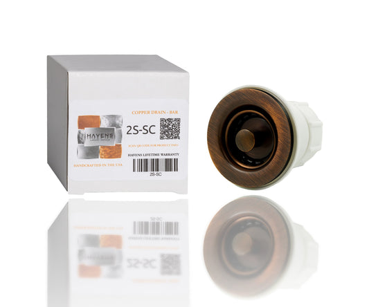 Havens Metal bar sink drain in copper with packaging 