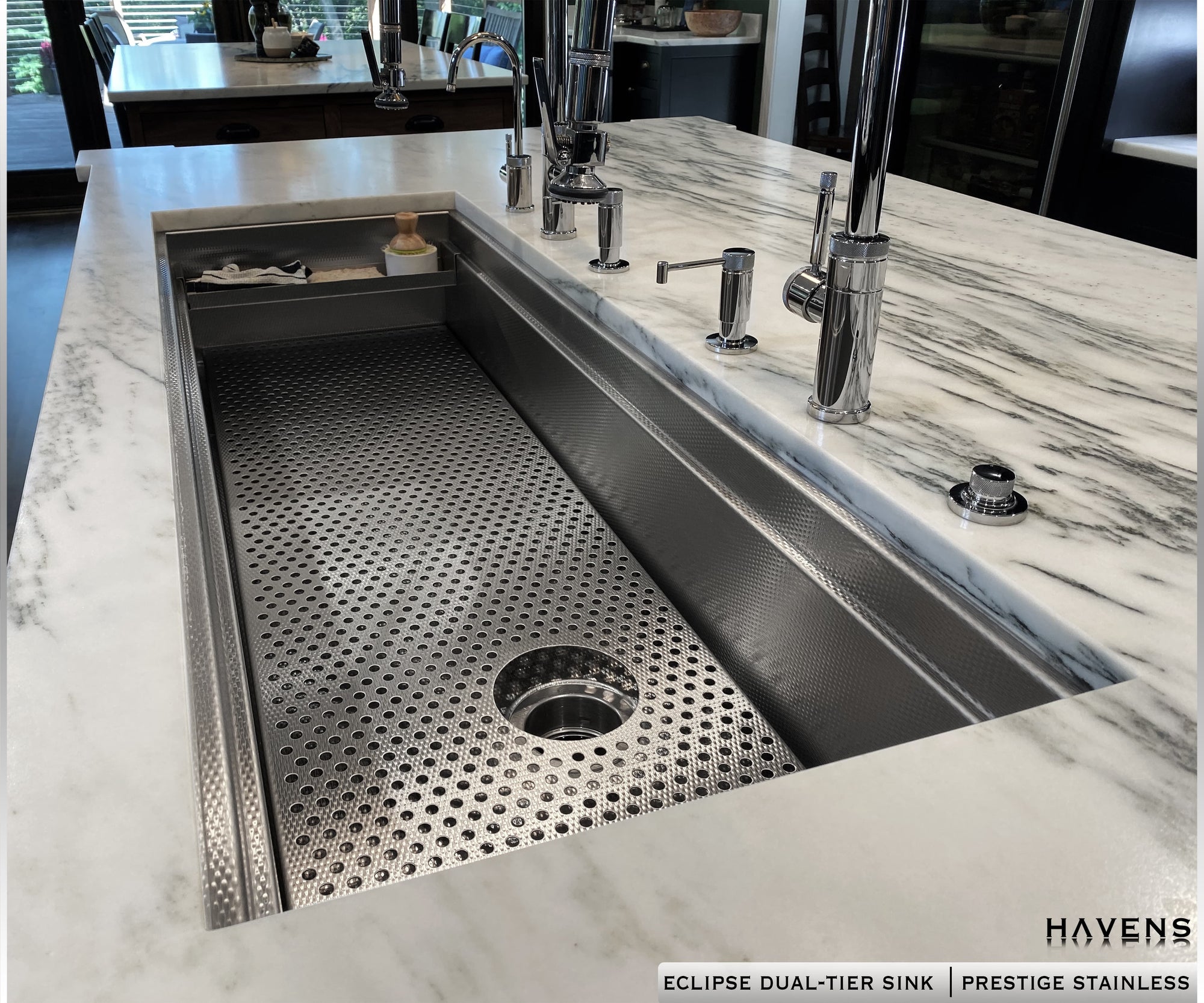 Prestige Stainless Basin Grate installed in high end workstation kitchen 
