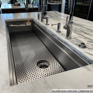 Prestige Stainless Basin Grate installed in high end workstation kitchen 