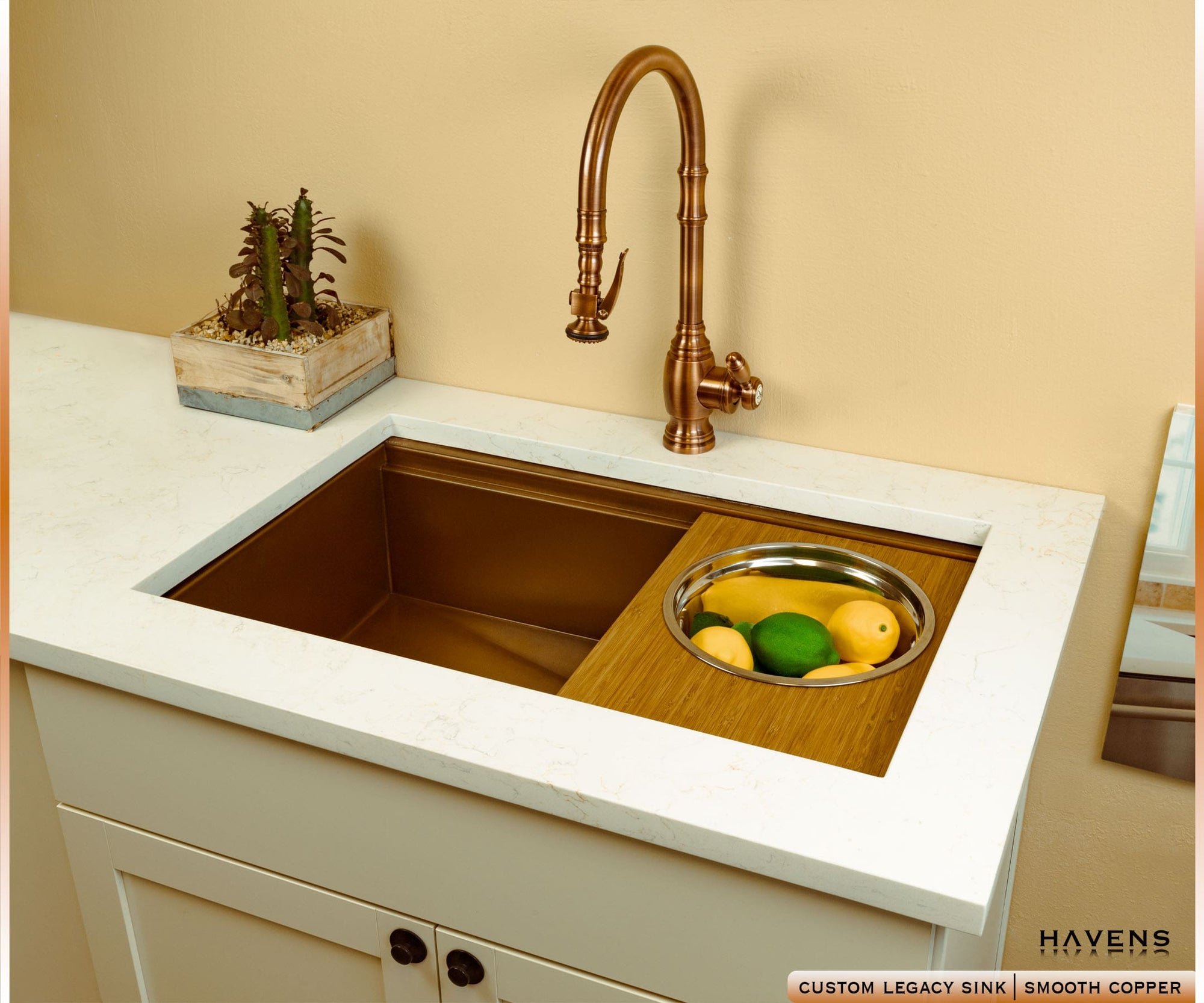 Havens Copper Sink with Amber Bamboo Mixing Cutting Board on sink ledge 