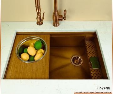 Mixing Bowl Cutting Board on left side of Legacy Eclipse Sink with Pure Copper sponge caddy on right side 