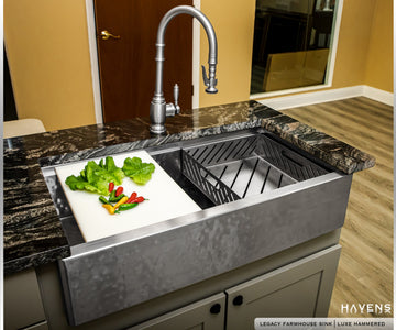 Advanced Drop in strainer shown installed in Havens Hammered Stainless workstation sink