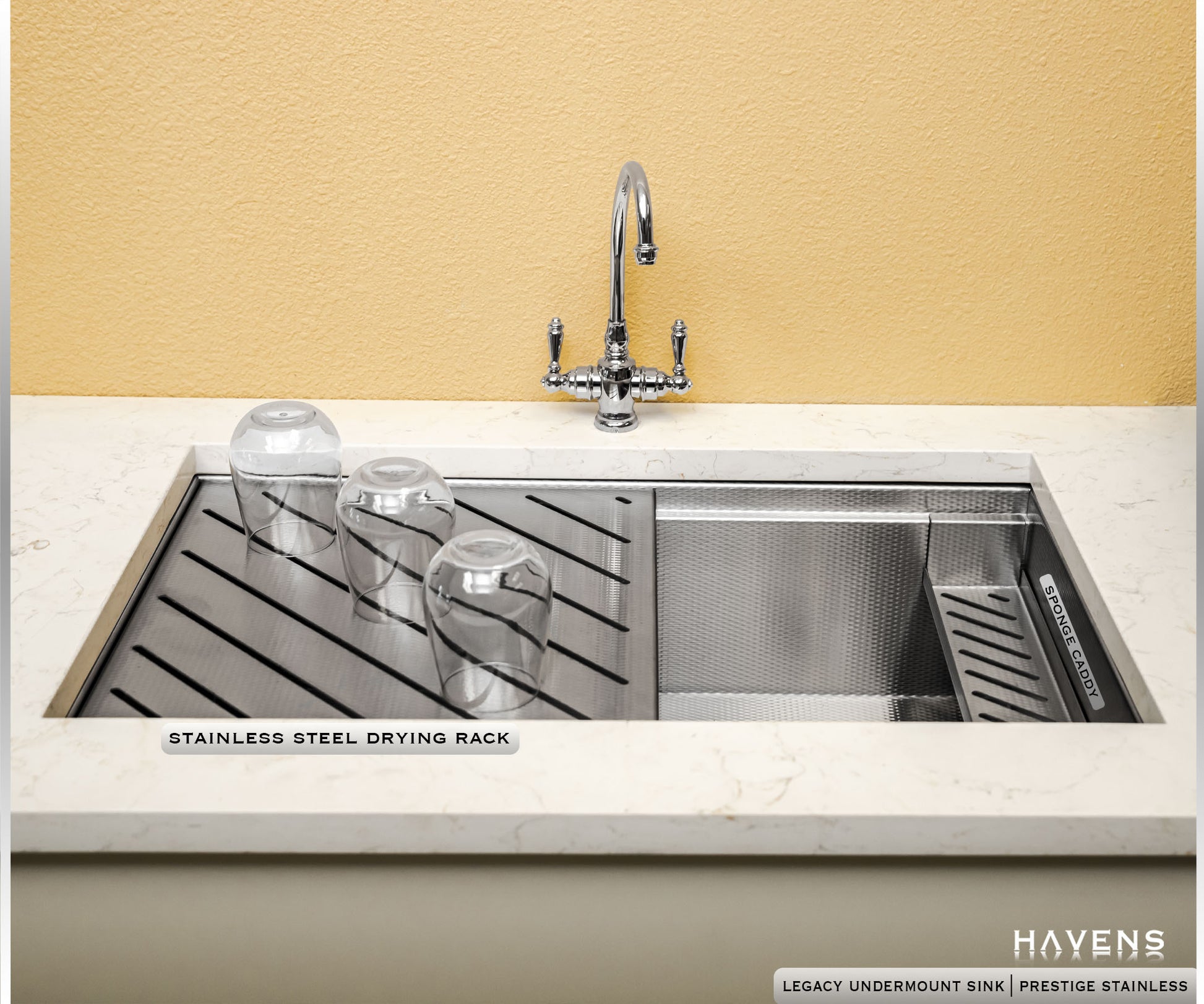 Stainless Steel Drying Rack and Sponge Caddy being used in a Undermount Prestige Stainless Sink 