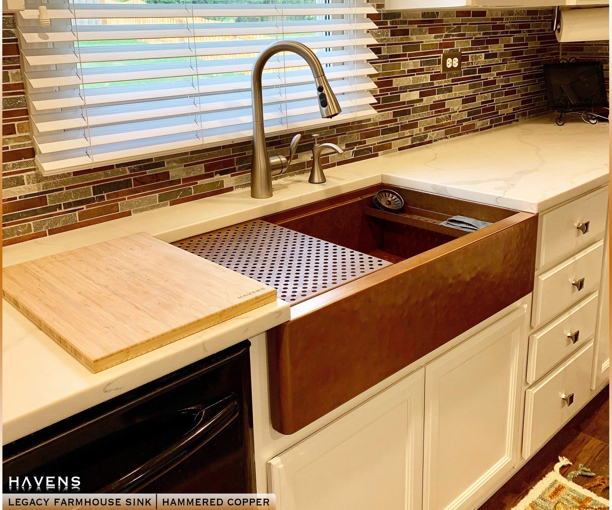 Copper Drying Rack Accessory shown with Hammered Farmhouse Sink