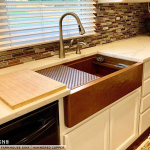 Copper Drying Rack Accessory shown with Hammered Farmhouse Sink