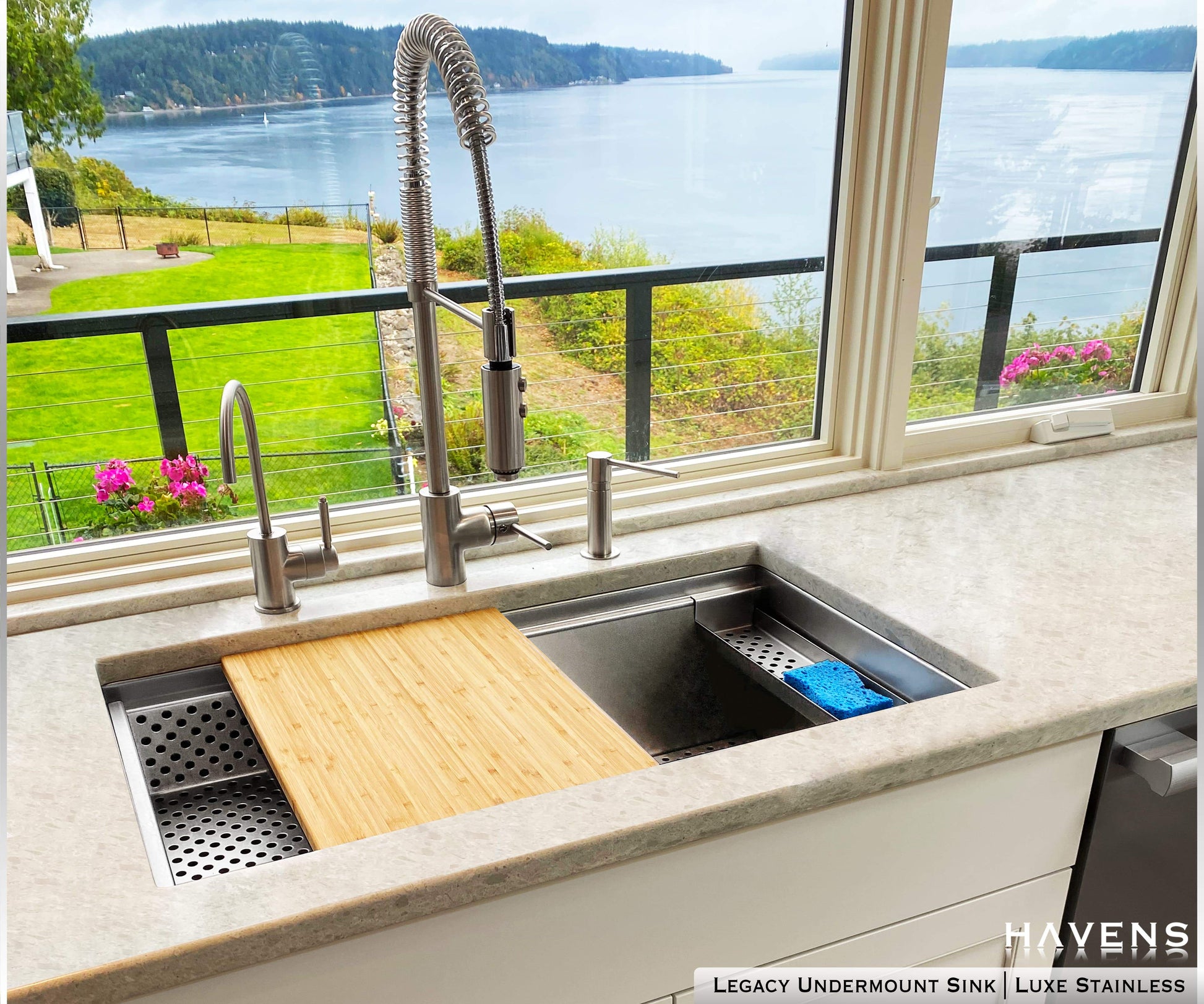 Legacy Undermount sink with Pro cutting board, drop in strainer and Stainless Steel Sponge Caddy