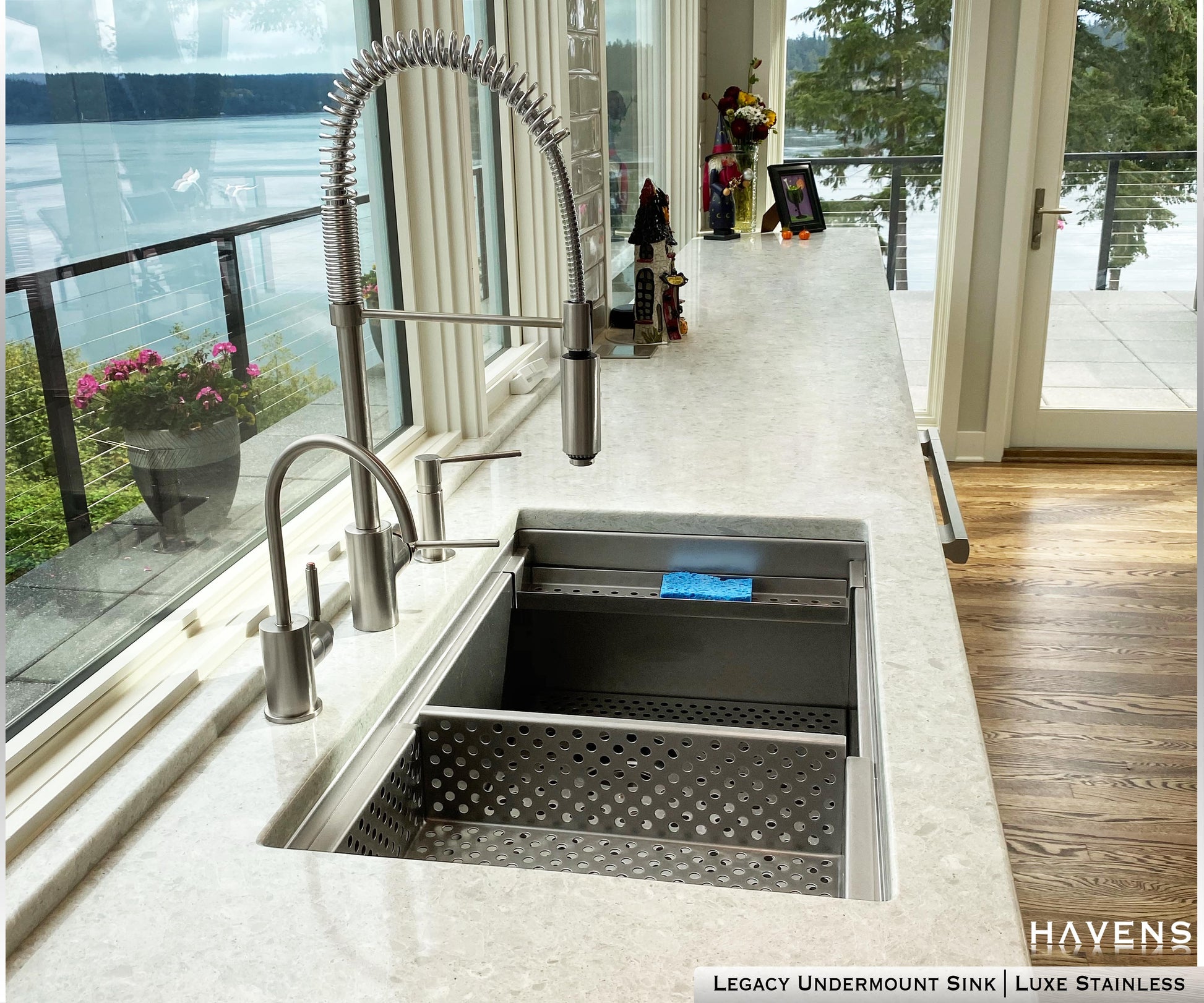 Stainless steel drop in strainer accessory featured in undermount stainless sink 