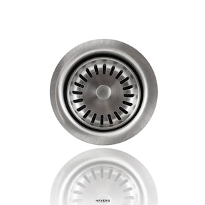 Stainless steel kitchen sink drain with basket strainer in a 3-1/2 inch size.