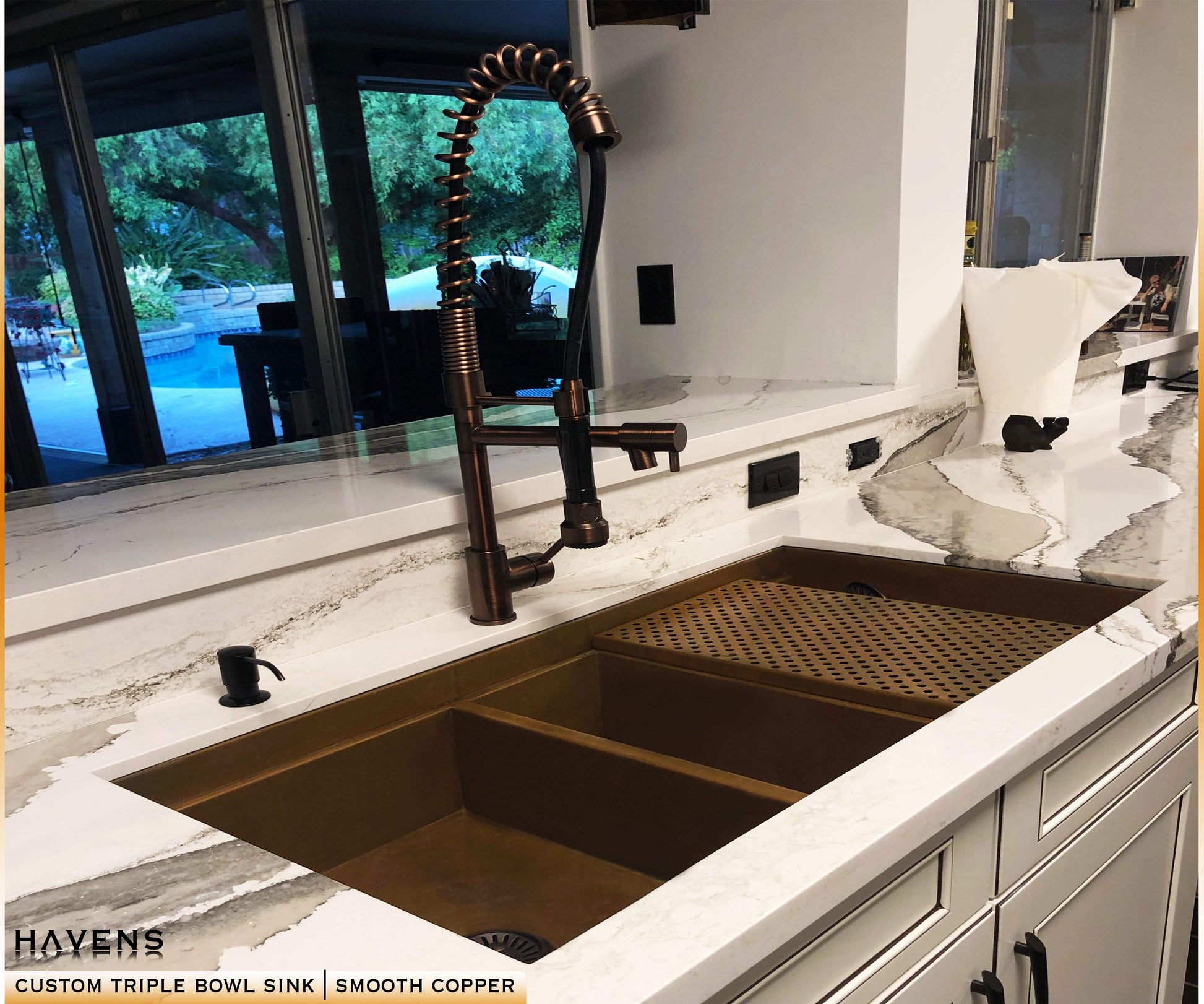 Triple Bowl Farmhouse Sink - Pure Copper - Havens | Luxury Metals