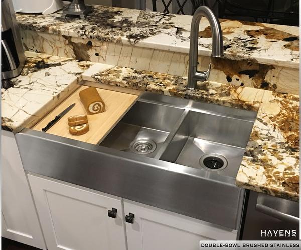 Professional Cutting Board on left side of double bowl stainless workstation farmhouse sink 