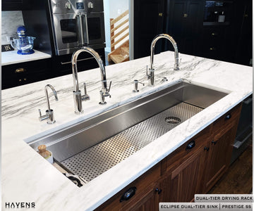 Luxury Stainless Steel Basin Grate with dual tier workstation sink by in Prestige Stainless with two faucets 