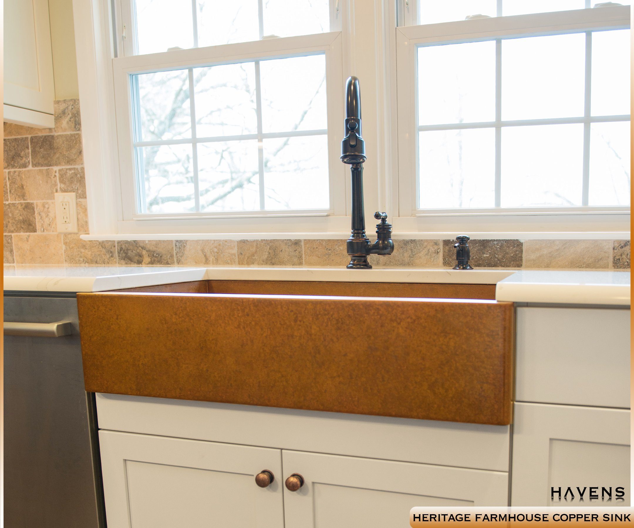 Farmhouse apron copper kitchen sink, made in the USA from 14 gauge.