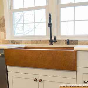Farmhouse apron copper kitchen sink, made in the USA from 14 gauge.