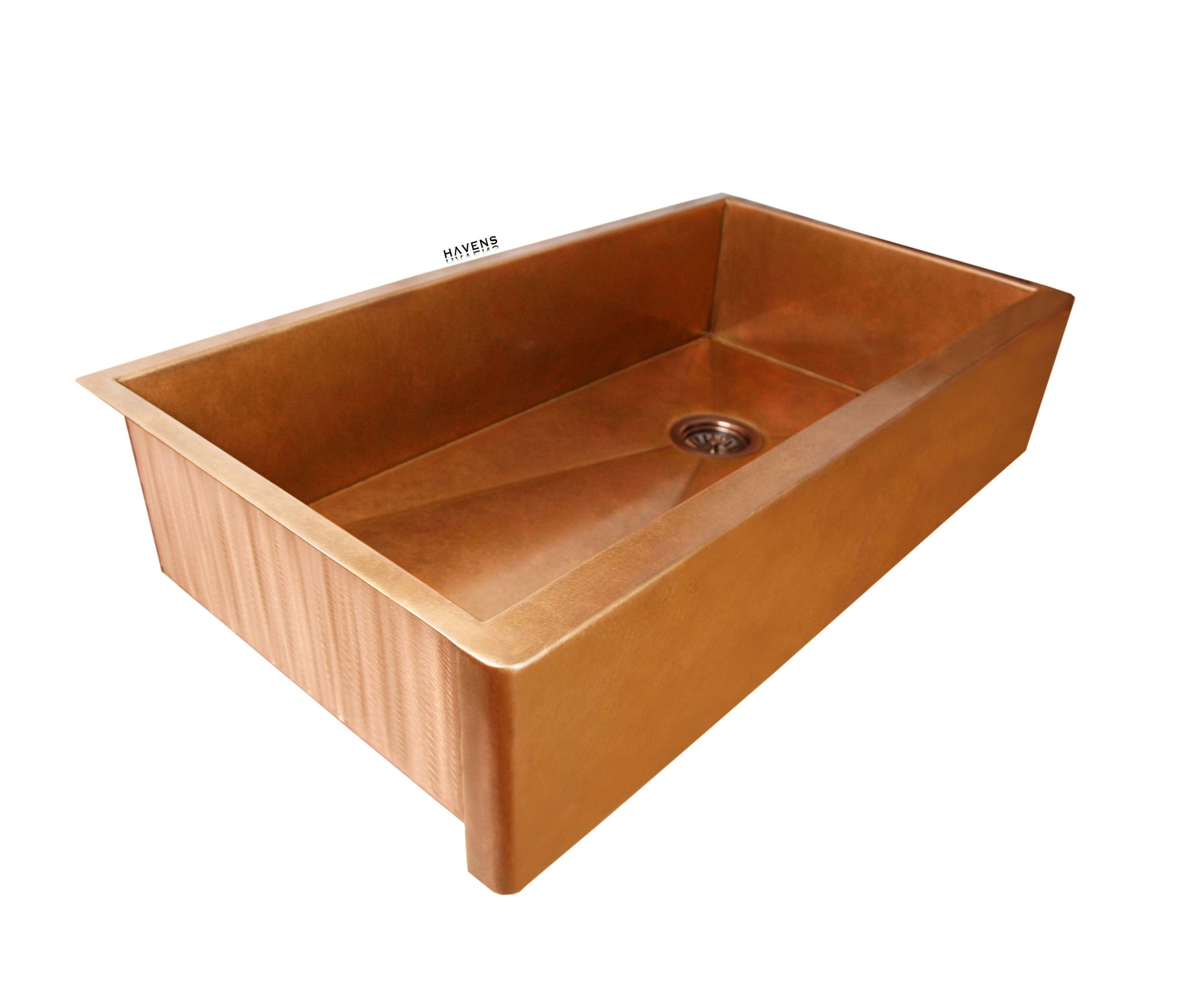 Single bowl 33 inch farmhouse copper kitchen sink installs as an undermount.