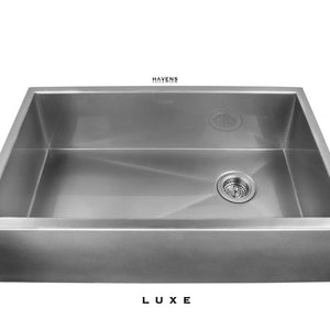 Heritage farmer stainless steel kitchen sink. Luxe finish on the farm apron front.