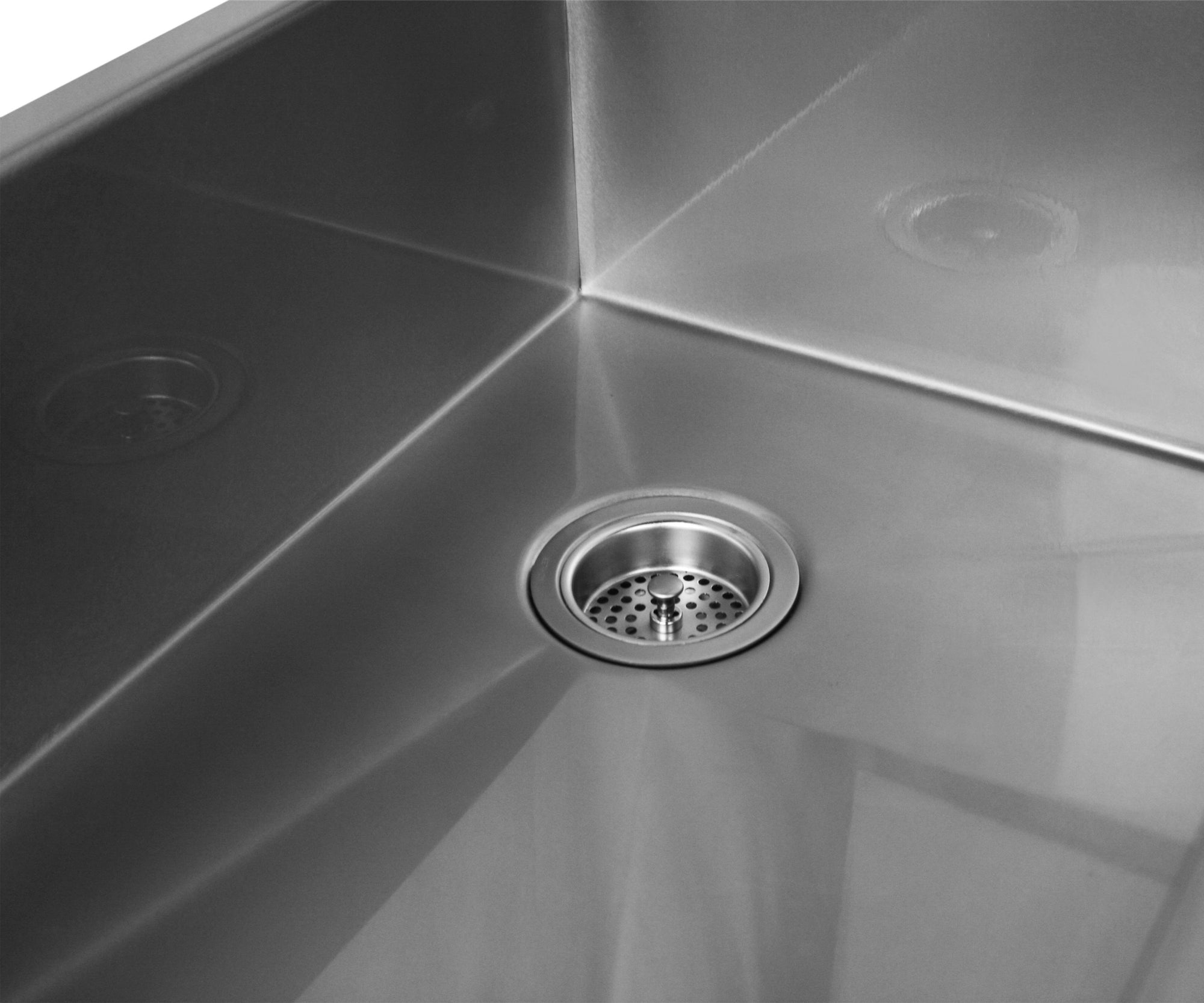 Luxe stainless steel farmer sink with right rear drain placement.