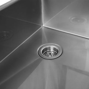Luxe stainless steel farmer sink with right rear drain placement.