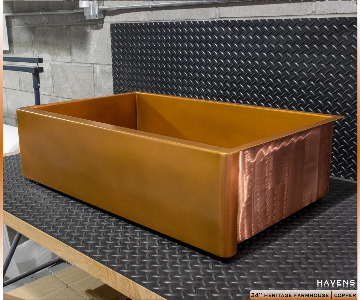 Heritage Farmhouse Sink - Havens Luxury Metals - Pure copper farmhouse sink with offset drain and sloped basin, USA made