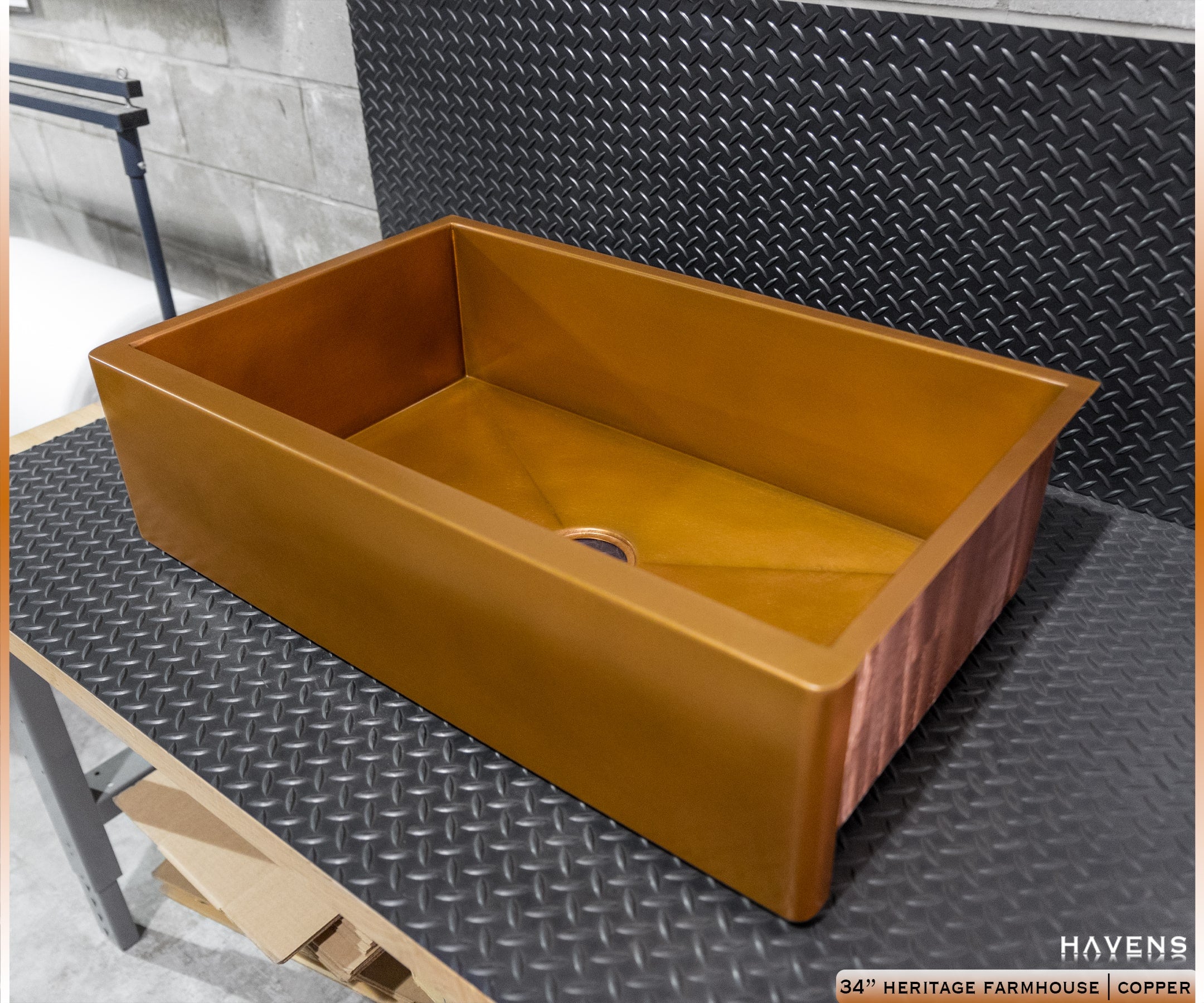 Heritage Farmhouse Sink - Pure Copper - Havens Luxury Metals -14-gauge pure copper apron front sink, side angle view