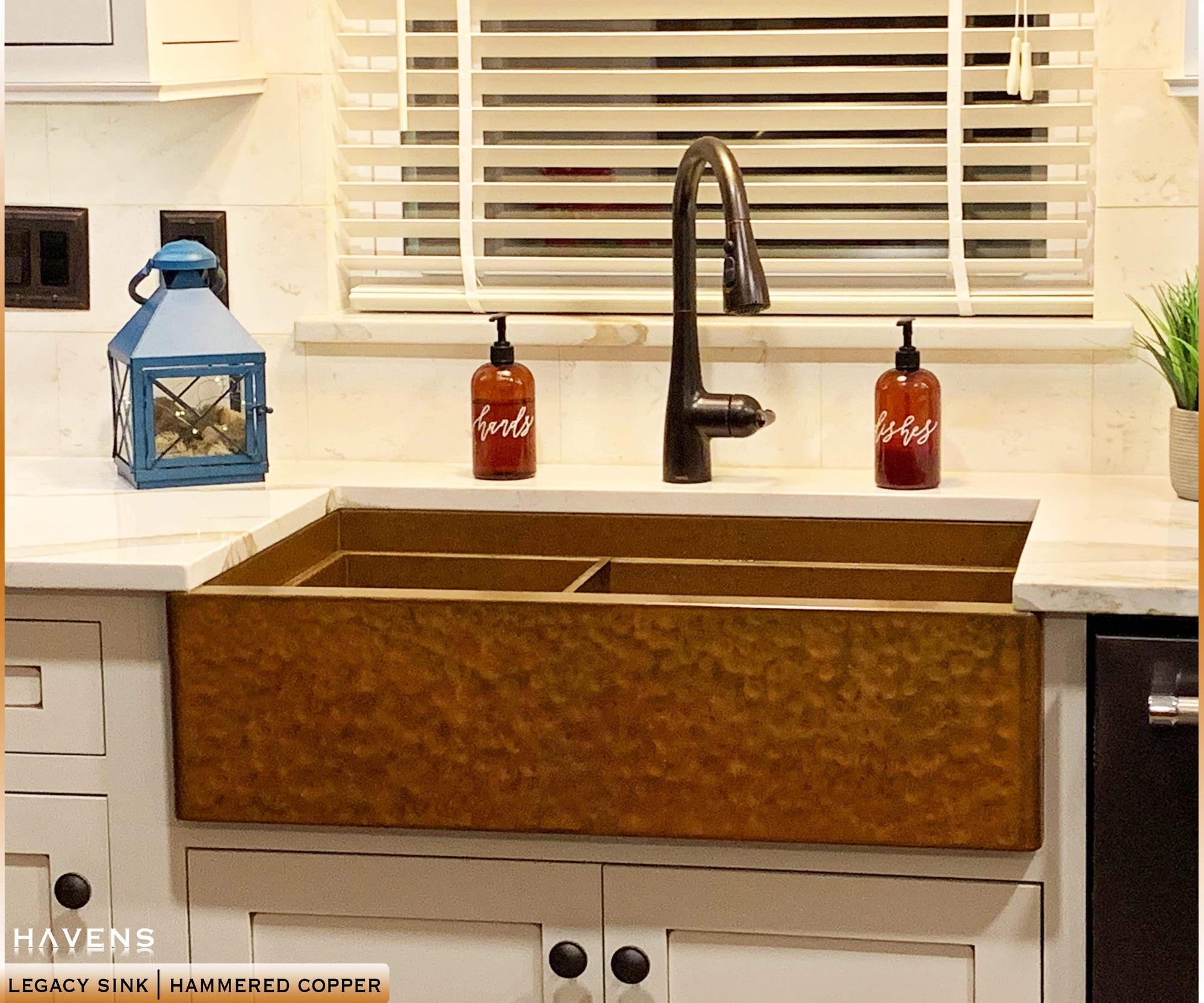 Legacy Farmhouse sink in hammered copper with drop in bowl along advanced sink ledge 