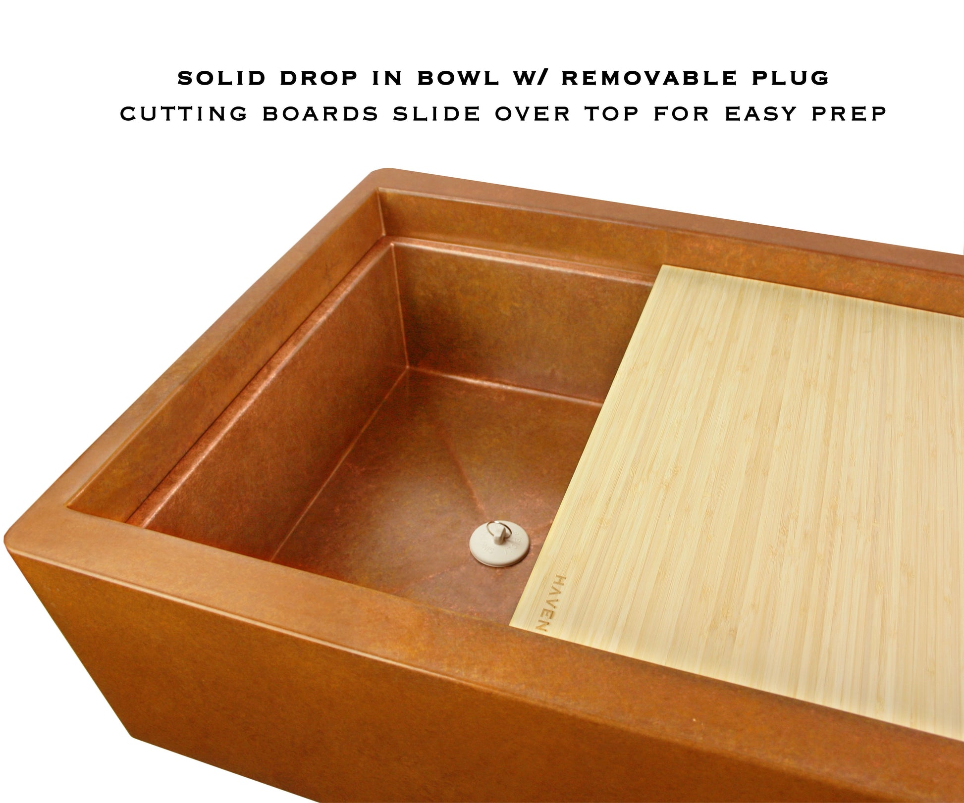 Pure Copper drop in bowl with removable plug shown with cutting board slide over top for easy prep 