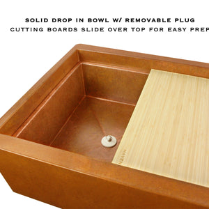 Pure Copper drop in bowl with removable plug shown with cutting board slide over top for easy prep 