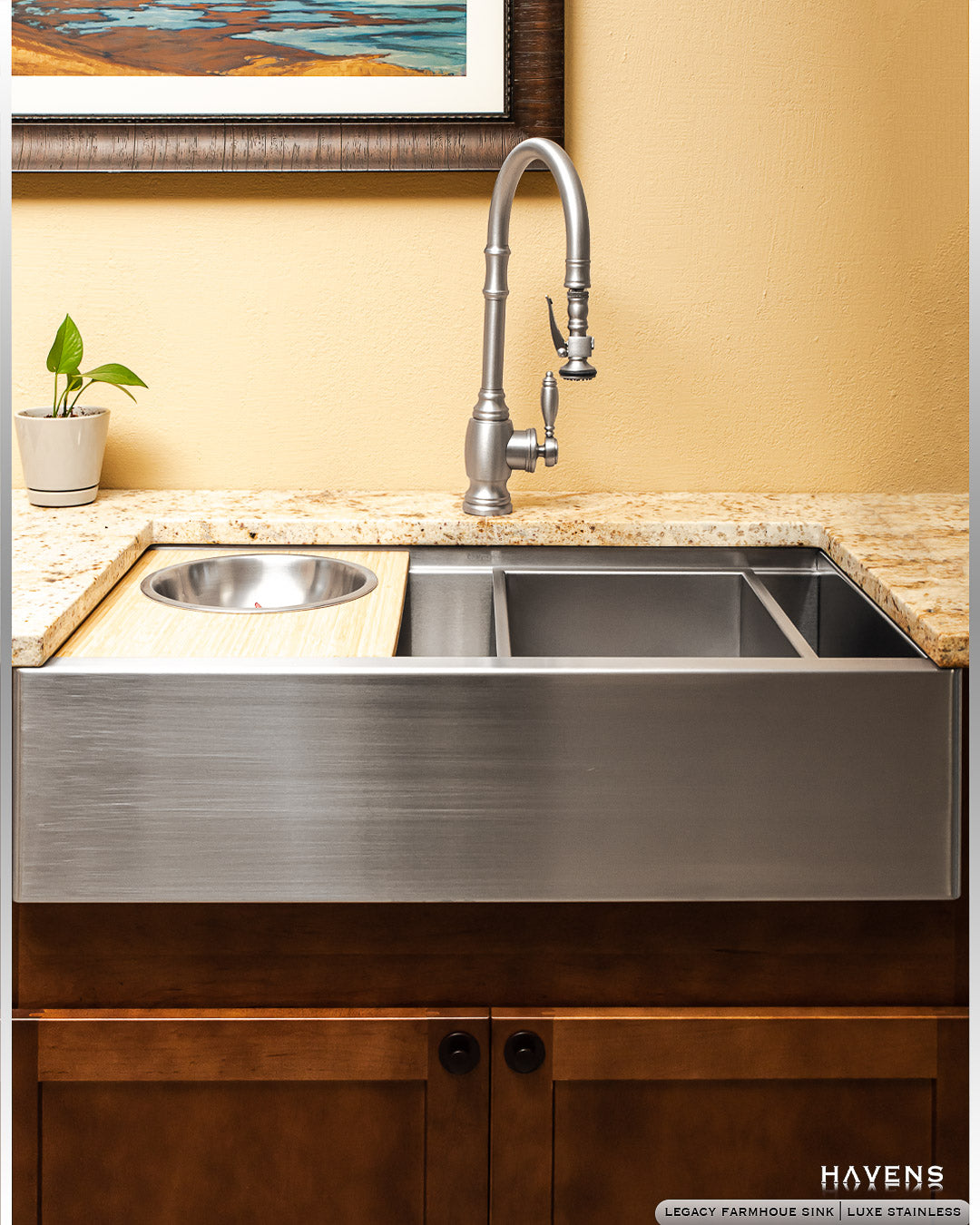 Luxury workstation sink accessory - drop in bowl on the right and cutting board with mixing bowl on left sink of the sink 