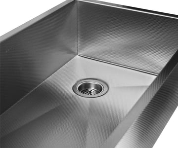 Undermount stainless steel farm house sink with a rear drain, USA made.