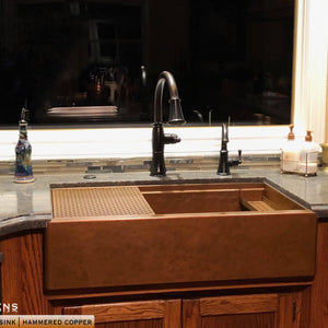 Havens Legacy Sink shown with Copper Sponge Caddy on right side of sink basin 