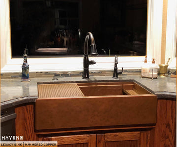 Havens Legacy Sink shown with Copper Sponge Caddy on right side of sink basin 