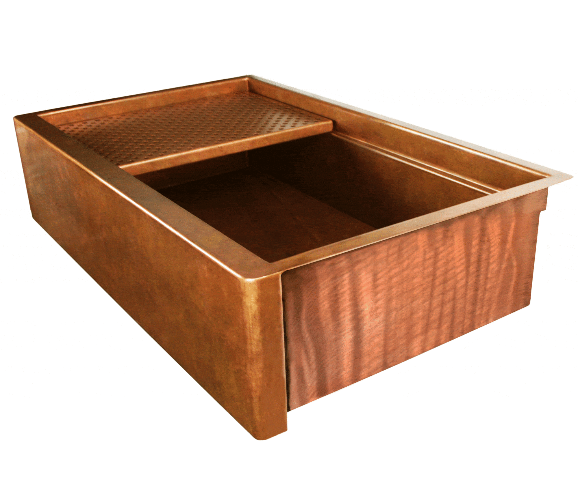 Copper farmer sink with a prominent apron front made from 14 gauge smooth copper.
