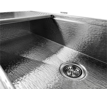 Kitchen sink drain assembly installed into Havens Royal Oak (wood grain) sink