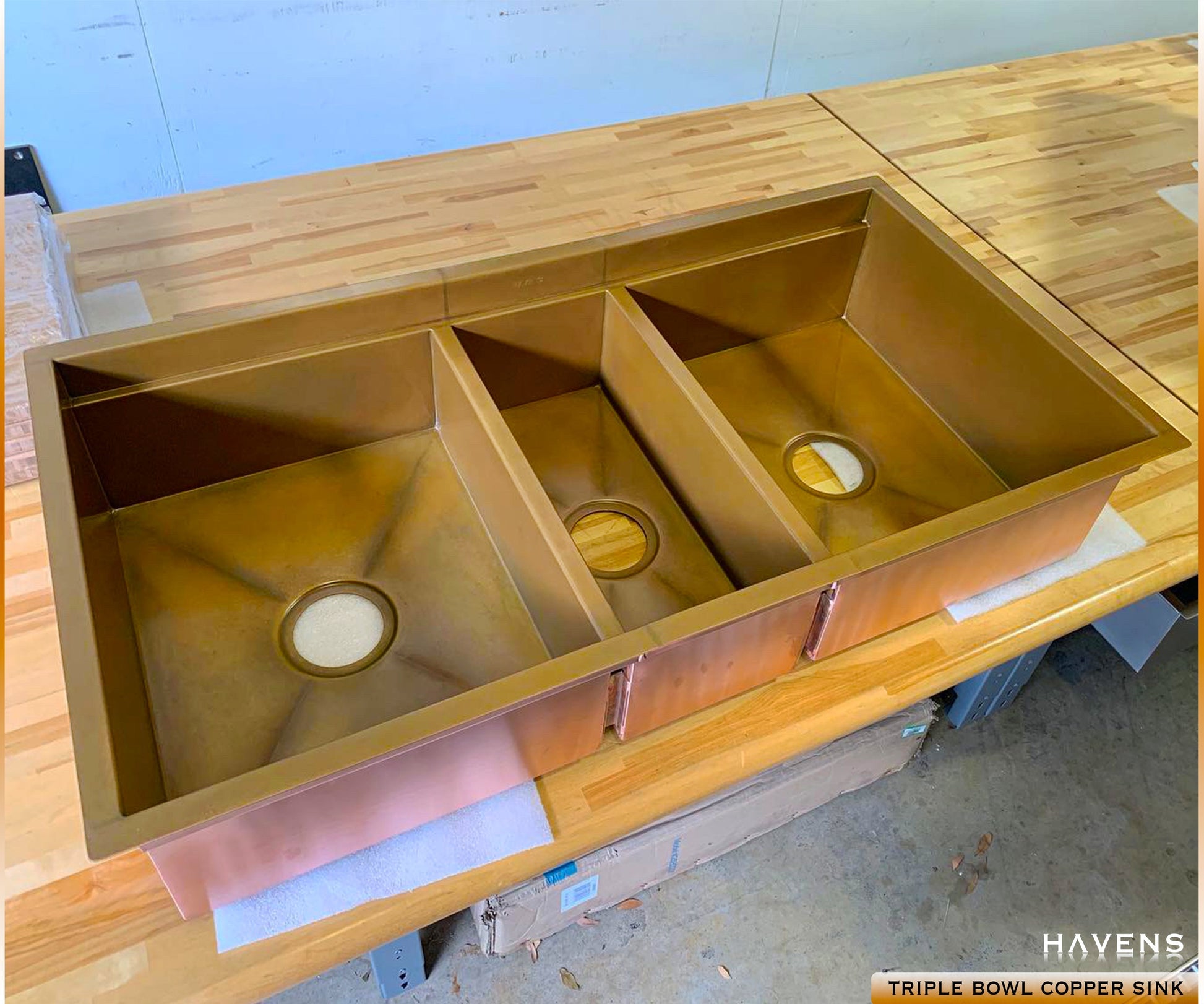 Triple Bowl Farmhouse Sink - Pure Copper - Havens | Luxury Metals